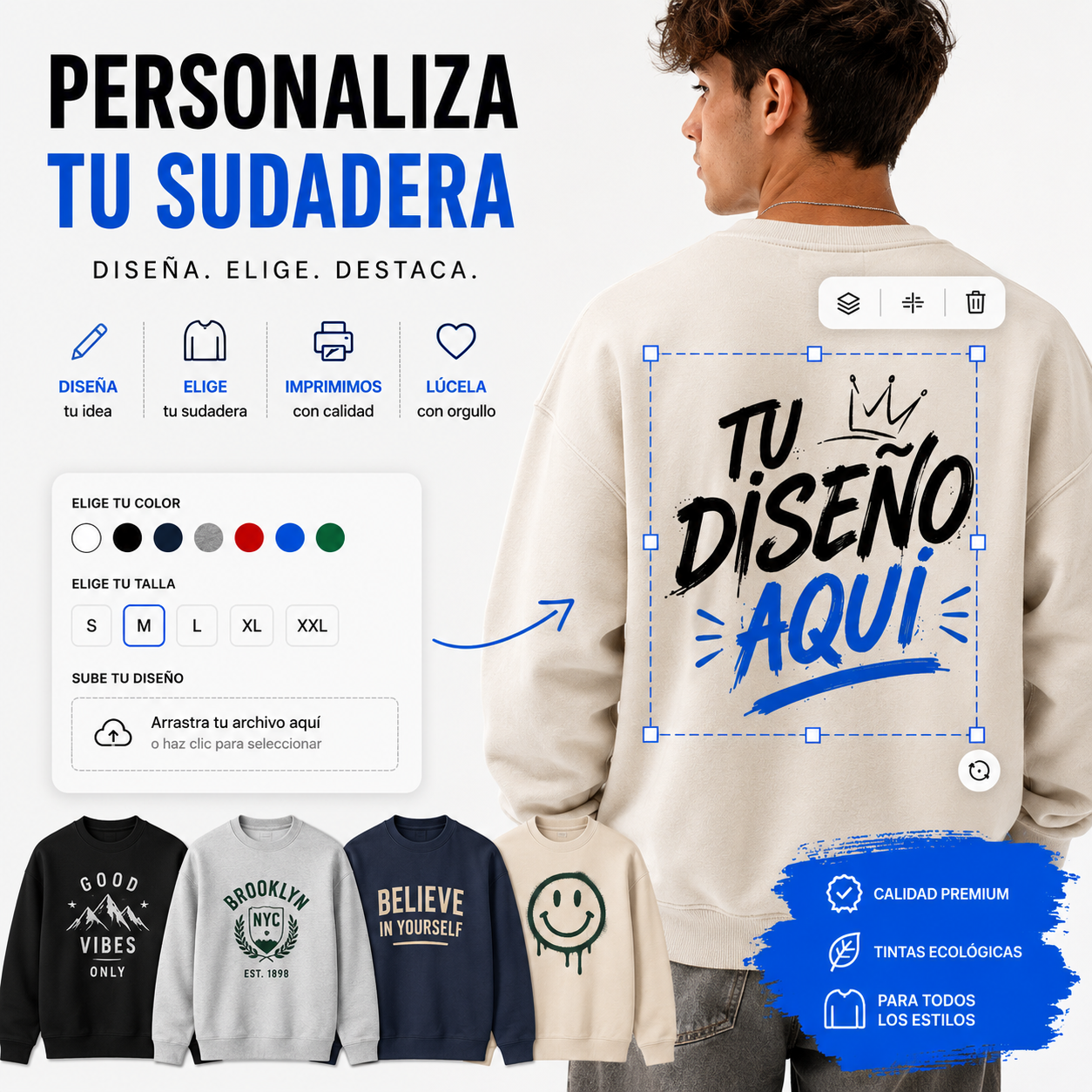 Sudadera sin Capucha Personalizada | Color y Talla